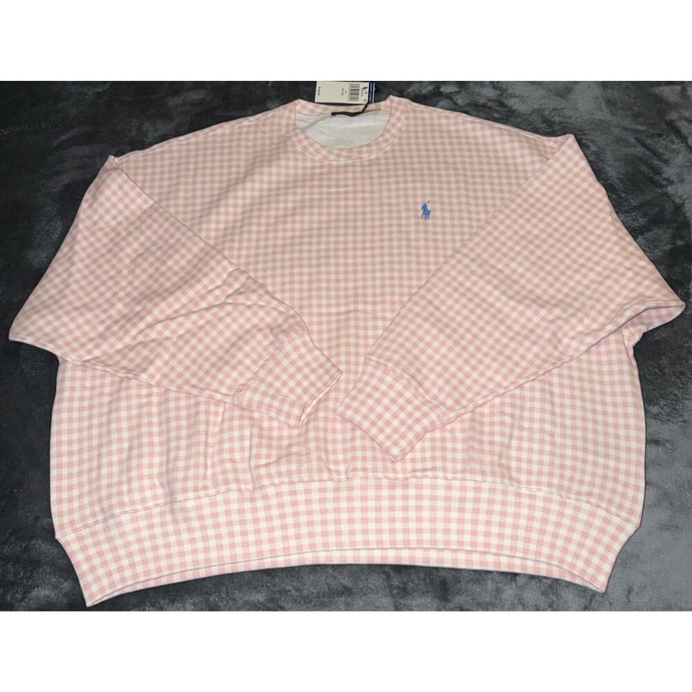 XL Polo Ralph Lauren Gingham Fleece Sweatshirt Pink White
